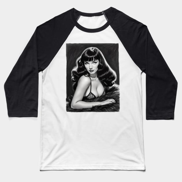 Bettie Page Black and White Portrait Baseball T-Shirt by Absinthe Society 